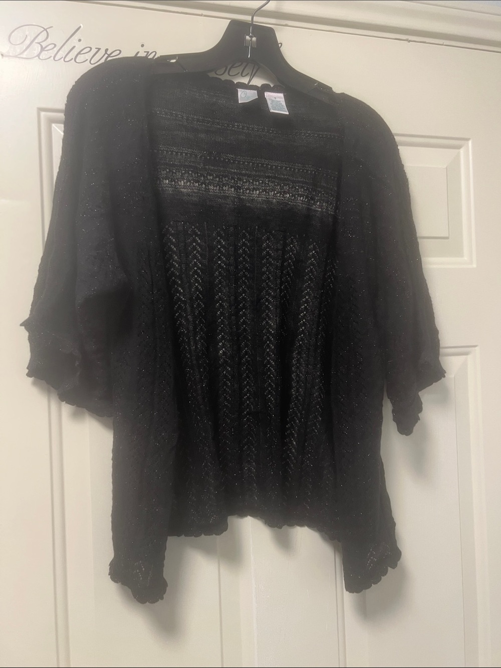 Aqua Black Sparkle Sheer Open Knit Cardigan Shrug